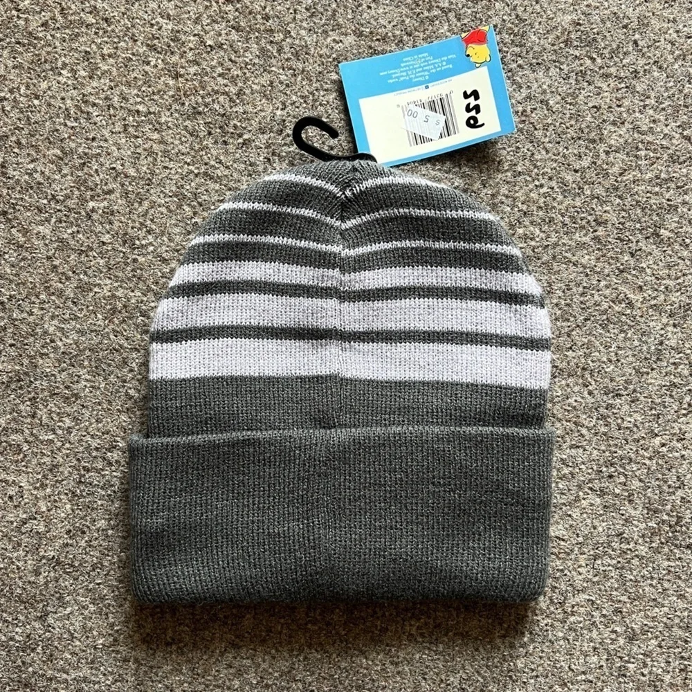 NWT 2000s Vintage Winnie The Pooh Grey Stripe Knit Beanie Embroidered Cuffed Y2K